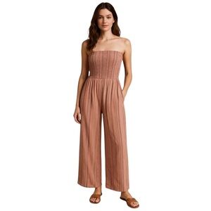 Aerie Strapless Wide Leg Striped Linen Blend Jumpsuit Womens M